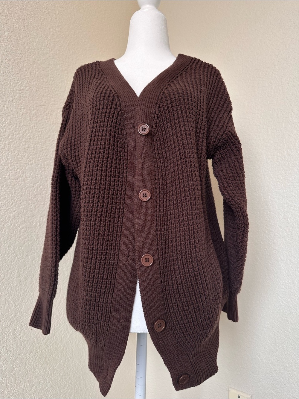 Qualfort Espresso Brown Chunky Knit 100% Cotton Cardigan